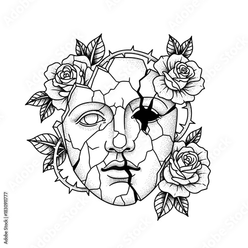 Broken Ancient Sculpture Face with Roses and Thorns.