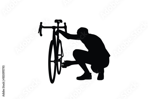 Silhouette of a cyclist repairing a road bike on white background