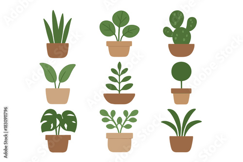 Assortment of nine stylized potted houseplants featuring tropical leaves and succulents