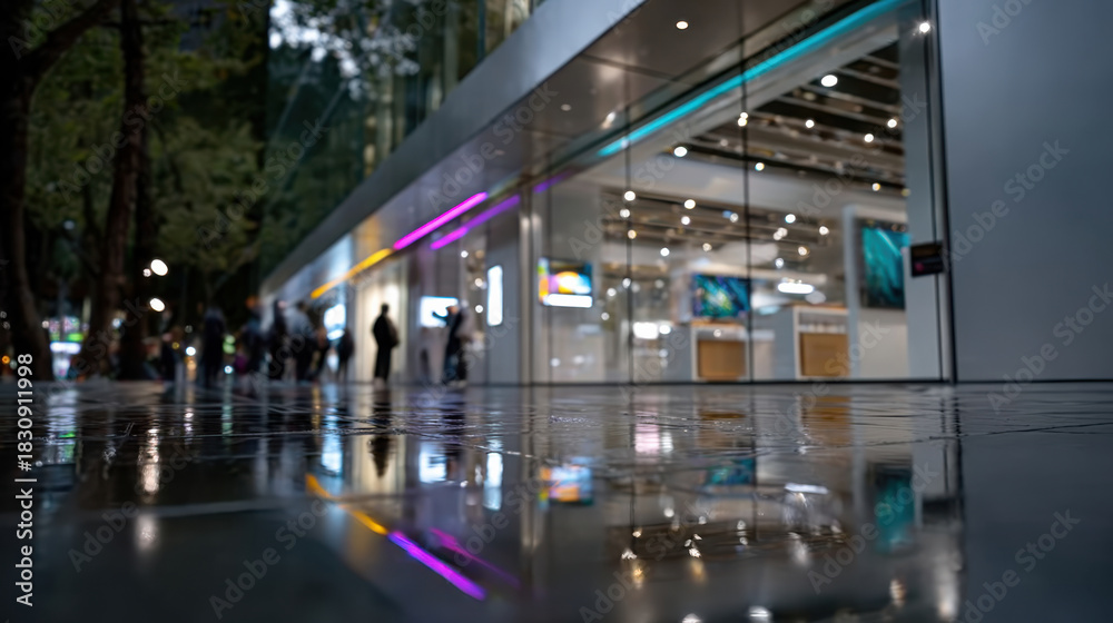 Fototapeta premium A sleek, modern building showcasing colorful lights, reflected in a wet, shiny street, creating a visually stunning contrast of architecture and urban environment.