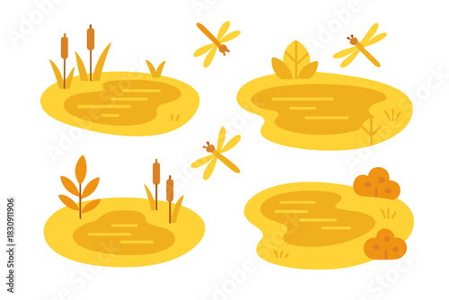 Abstract natural landscape elements featuring small ponds, aquatic plants, and flying dragonflies