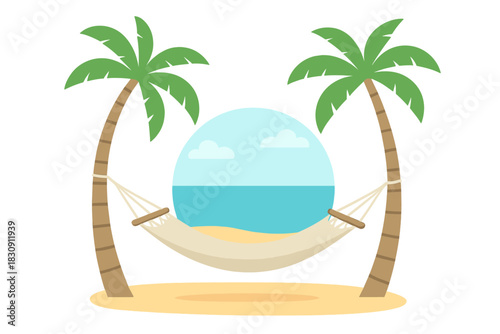 Cozy hammock suspended between palm trees on a sandy beach with circular ocean view