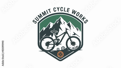 Summit Cycle Works mountain biking logo with snowy mountains and bicycle vector badge design