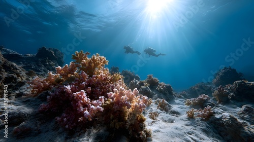 Fototapeta Naklejka Na Ścianę i Meble -  Two scuba divers explore a vibrant coral reef under bright sunlit ocean waters