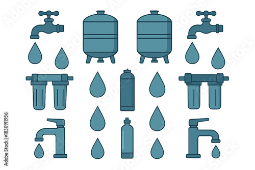 Seamless pattern of water purification and plumbing elements including faucets, filters, tanks, and drops
