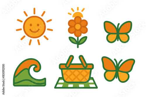 Colorful summer and nature icons featuring sun, flower, butterfly, wave, and picnic basket