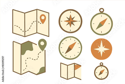 Set of retro navigation and location icons featuring folded maps route paths GPS pins and compasses