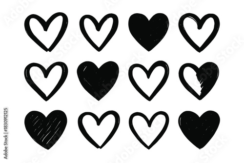 Twelve black grunge hearts in doodle sketch style representing love and romance
