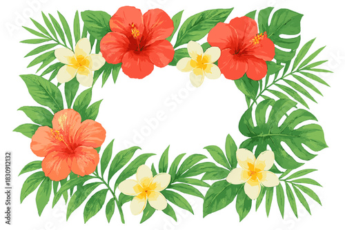 Watercolor style tropical floral frame with hibiscus and plumeria flowers and lush green palm leaves on white