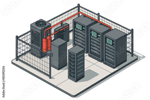 Secure data center infrastructure with server racks and cooling system in isometric perspective