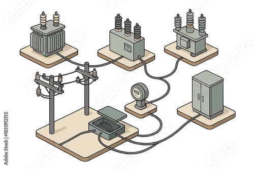 Isometric electrical power distribution network with transformers and utility poles