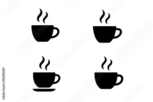 Collection of simple black silhouette icons showing steaming hot coffee or tea cups
