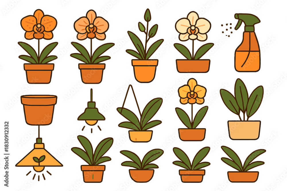 Fototapeta premium Potted orchids, green houseplants, gardening tools, and grow lights set in flat style
