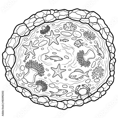 Tide pool illustration with marine life, educational marine biology and aquatic ecosystem study tool