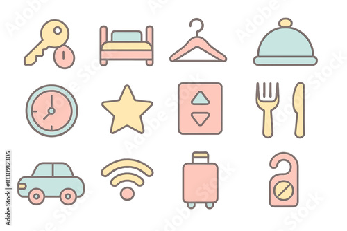 Cute pastel icons for hotel amenities, travel services, and accommodation symbols