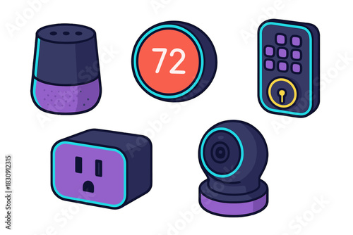 Set of modern smart home devices featuring security camera, digital thermostat, and voice assistant speaker