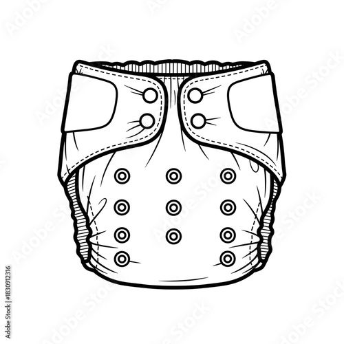 Cloth diaper illustration with snaps, baby care and reusable parenting product