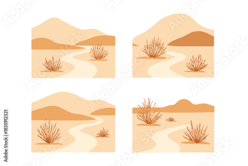 Minimalist desert landscape set with winding path and dry arid vegetation against rolling hills