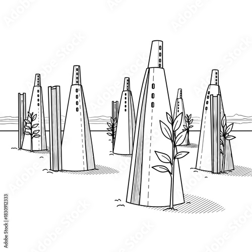 Futuristic architectural structures with plants, sustainable design and environmental innovation in architecture