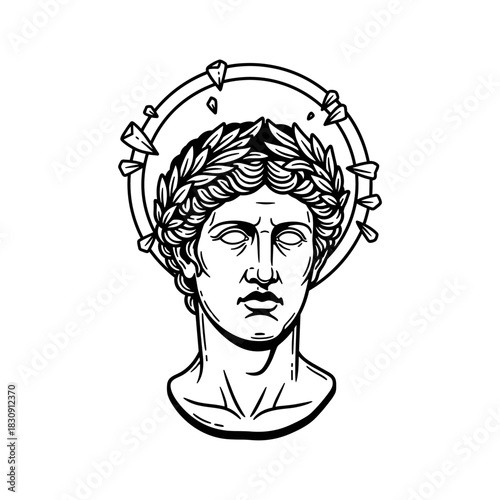Ancient Greek Sculpture Bust with Laurel Wreath and Broken Halo.