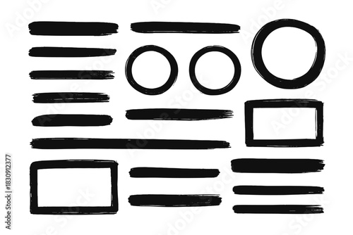 Set of grunge black paint brush strokes, lines, circles, and rectangular frames