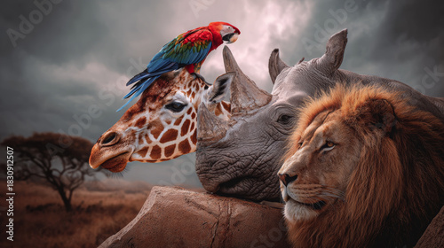 African Wildlife Composite: Giraffe, Rhino, Lion, and Macaw in a Dramatic Savanna Landscape