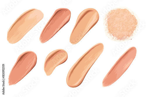 Diverse cosmetic liquid foundation and face powder swatches isolated on white