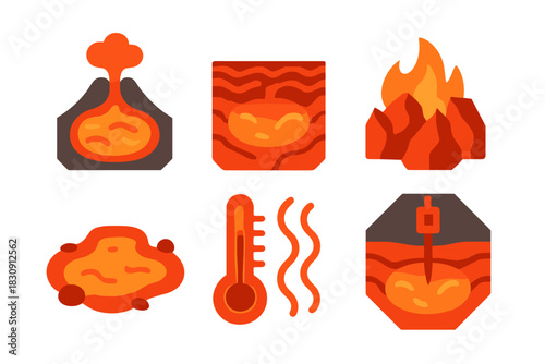 Geothermal energy and heat source icons featuring volcano, lava, fire, and thermometer symbols