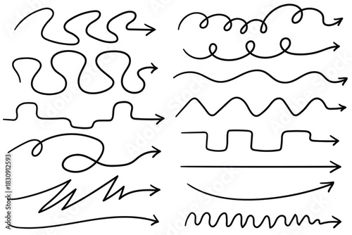 Hand-drawn doodle set of curved arrows pointing right on a white background.
