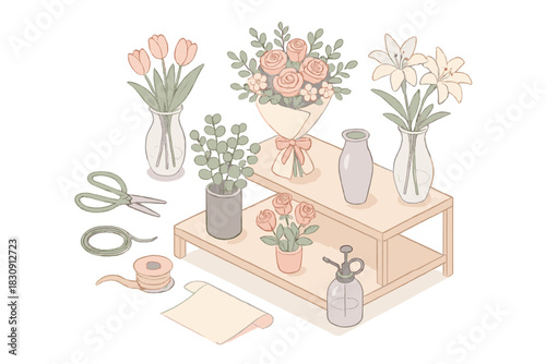Fresh flowers, potted plants, and floristry supplies displayed on wooden shelf