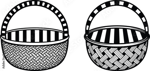 Two hand drawn baskets with striped handles and textured woven bodies