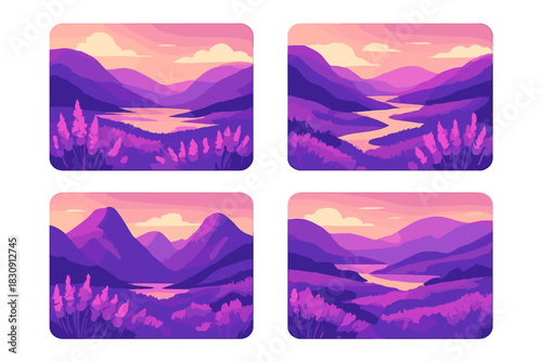 Stylized purple mountain landscapes with lavender fields under a vibrant sunset sky