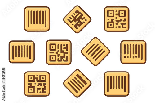 Repeating pattern of stylized barcode and QR code icons designed as delicious square cookies or biscuits