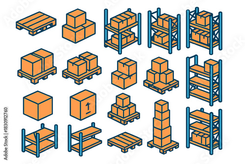 Isometric warehouse logistics elements with shipping boxes, wooden pallets, and metal storage racks