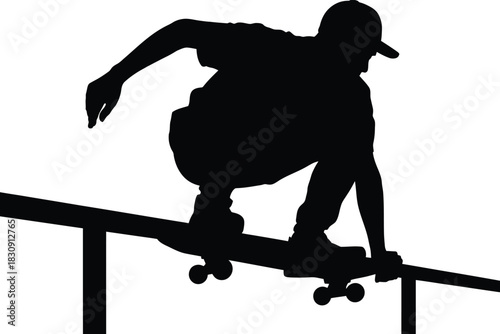 Silhouette of skateboarder grinding on rail in black and white