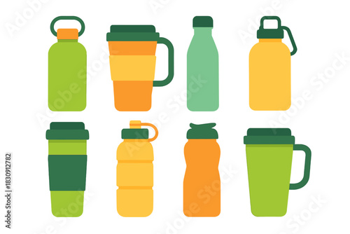 Set of reusable water bottles, travel coffee mugs, and tumblers for sustainable living