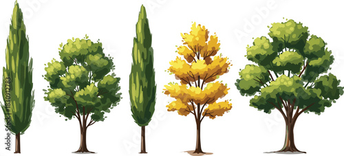 Watercolor Style Vector Set of Different Trees: Including Cypress, Deciduous, and Autumn Foliage for Landscape Design, Nature Graphics, and Architectural Plans.