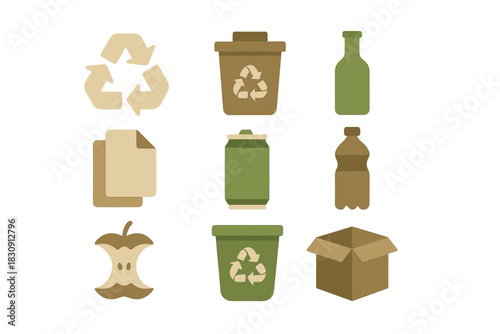 Set of recycling and waste sorting icons for different materials like paper, plastic, and glass