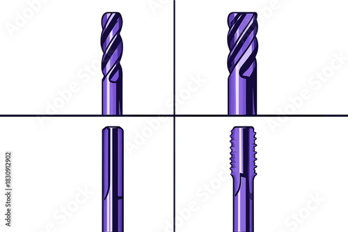 Four types of industrial rotary cutting tools including spiral flutes and straight shanks