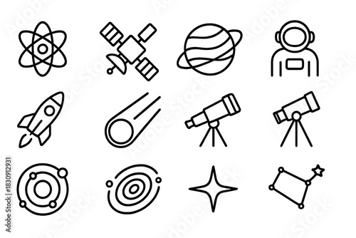 Collection of outline icons representing astronomy, space exploration, and scientific concepts