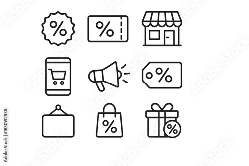 Outline icons for retail sales, online shopping, discount coupons, and marketing