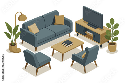 Modern isometric living room furniture set with sofa armchairs coffee table and television