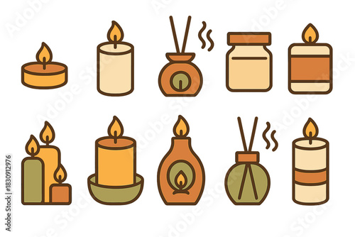 Set of burning candles, scented jars, and reed diffusers for aromatherapy