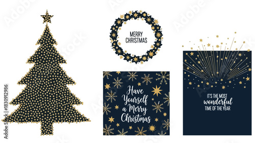 Golden Christmas Decorations Tree, Wreath, and Festive Greetings