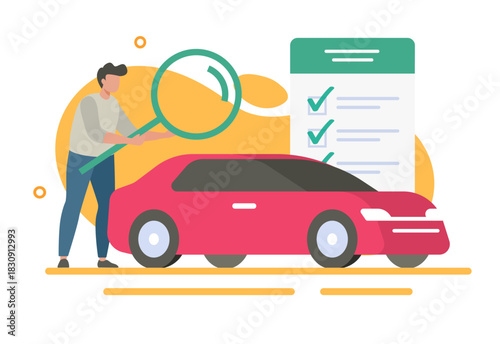 Expert inspecting car vehicle icon vector modern illustration design, man person check review auto with checklist document service, human buyer analyzing automobile assessment evaluate, history search