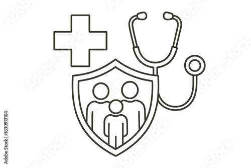 Family health insurance and medical protection concept with shield, cross, and stethoscope