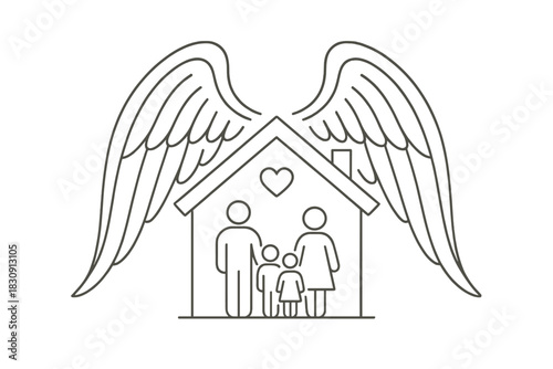 Abstract symbol of a family protected by large angel wings covering their home
