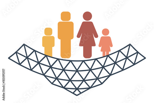 Family icons standing on a protective safety net representing security and support