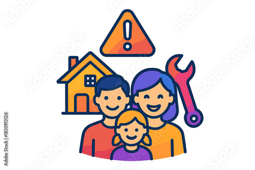 Family facing home repair issues symbolized by a warning sign and wrench tool