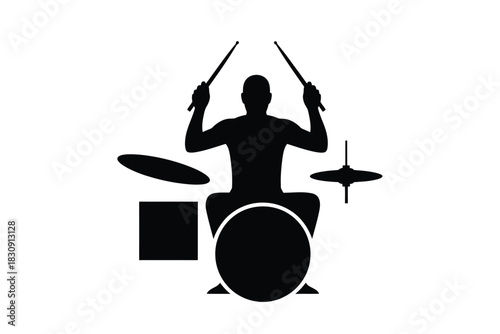 Silhouette of a drummer playing drums with sticks on white background